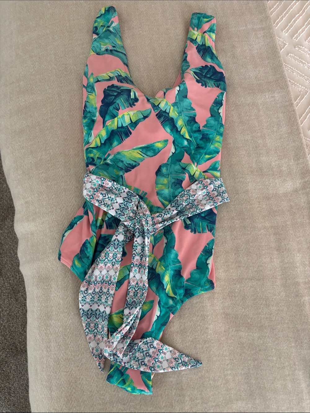 Cabana Life Pink Tropical Leaf One-Piece with Printed Tie